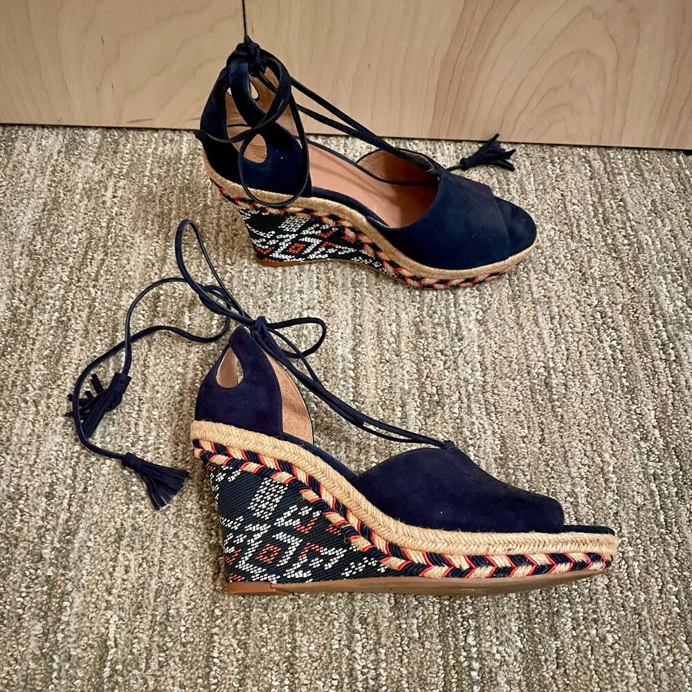 Cabi Navy Blue Bohemian Suede Island Wedge Sandals Size 7.5